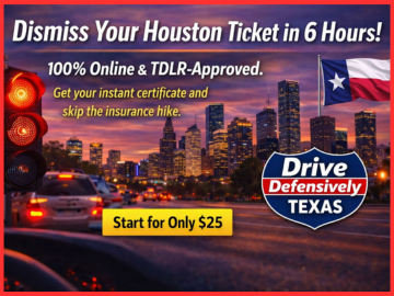 Official Houston Defensive Driving Course banner for $25, offering a 100% online TDLR-approved way to clear traffic tickets fast.