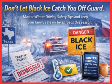 Winter Driving Safety Tips A car driving on a dark, shiny Texas road at dawn, illustrating the danger of invisible black ice.
