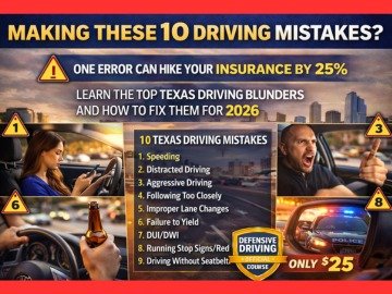 Infographic listing 10 common Texas driving mistakes like speeding and distracted driving that can hike insurance by 25%.