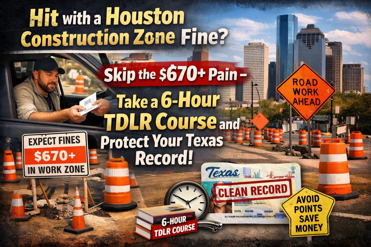 Dismiss Houston construction zone fines with a 6-hour TDLR approved defensive driving course.