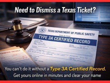 Official Texas Driving Record Type 3A document on a desk next to a traffic ticket and a judge's gavel, required for legal ticket dismissal in Texas.