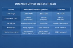 Comparison table of Texas defensive driving options for 2026 showing online, classroom, and one-day course features.