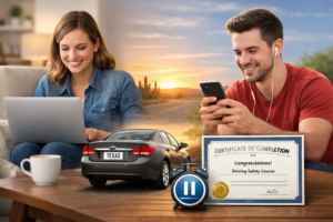 Person taking a Texas Driving Safety Course online on a laptop and smartphone with a car and completion certificate concept