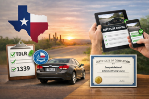 Driver taking a Texas Driving Safety Course online with tablet and phone showing defensive driving lessons, car on Texas road and completion certificate concept 