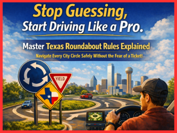A car approaching a modern multi-lane roundabout in a Texas city, showing the yield signs and lane markings used for Texas Roundabout Rules Explained.