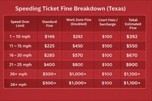 Texas speeding ticket fine breakdown table for 2026 showing doubled work zone fines and court surcharges.