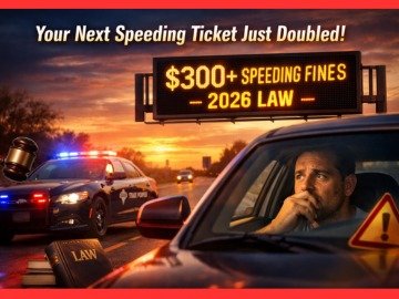 A driver looking worried about new Texas Traffic Laws 2026, featuring a roadside digital sign warning about $300 plus speeding fines and doubled penalties.