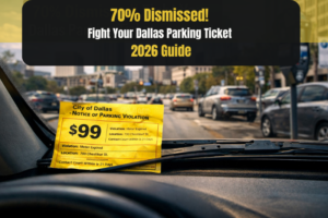 A yellow City of Dallas parking violation ticket for $99 tucked under a car windshield wiper with a city skyline in the background.