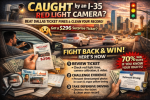 I-35 Dallas red light camera ticket banner with $296 fine and defensive driving dismissal guide.