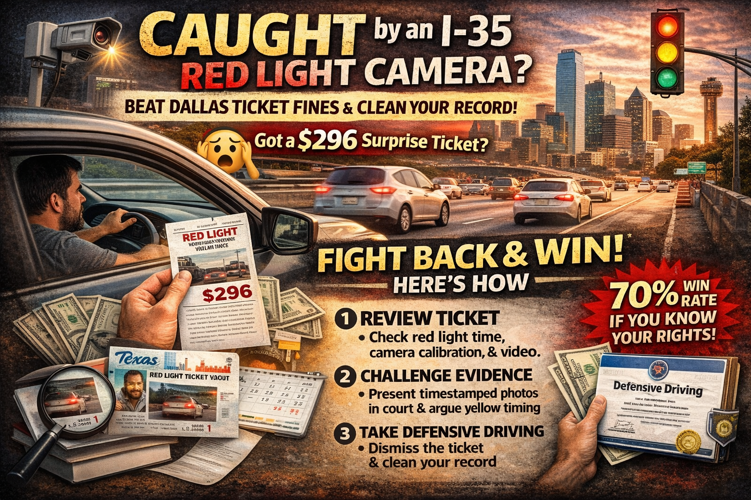 I-35 Dallas red light camera ticket banner with $296 fine and defensive driving dismissal guide.