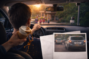 Driver distracted by spilled coffee while approaching children in a school zone, illustrating a situation that could lead to an Austin school zone ticket.