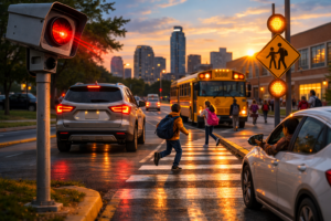 Children crossing a crosswalk near a stopped school bus with flashing lights and a traffic camera monitoring vehicles, illustrating a situation that could result in an Austin school zone ticket.