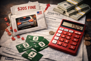 $205 fine notice with car photo, insurance policy papers showing rate increase, Texas points cards, cash stacks, and a calculator totaling $925, representing the financial impact of an Austin school zone ticket.