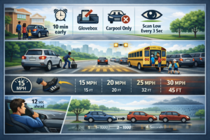 Infographic showing safe driving tips to avoid an Austin school zone ticket near schools and buses.