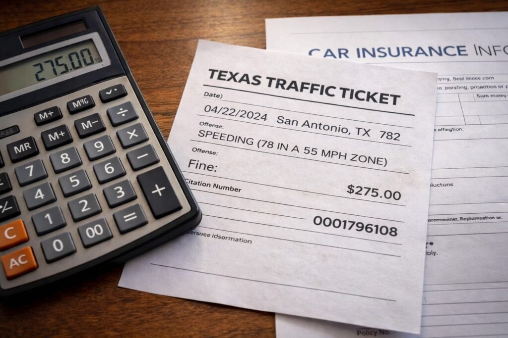 A Texas traffic ticket for speeding in San Antonio next to a calculator showing a $275 fine and car insurance documents.
