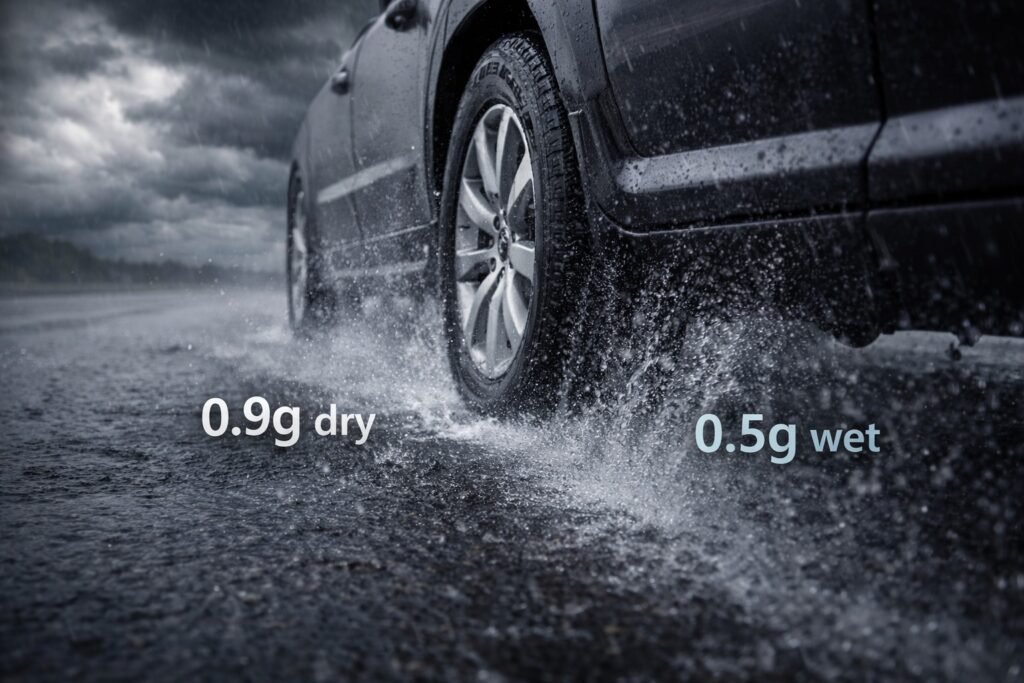 Close-up of a car tire splashing through water on a rainy road, illustrating the loss of friction and hydroplaning risk during wet weather.