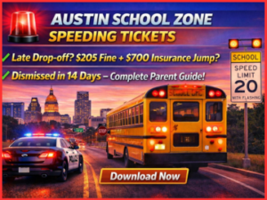 Austin school zone speeding ticket dismissal guide with $205 fine and 14-day deadline.