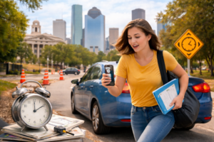 Driver learning defensive driving during a lesson related to Austin speeding ticket dismissal process