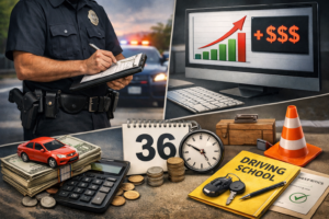 Driver receiving a speeding ticket with rising insurance costs concept related to Austin speeding ticket dismissal