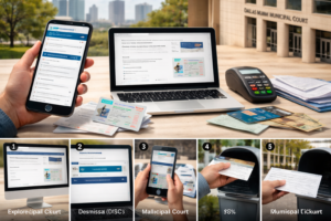 Driver requesting defensive driving course online to complete an Austin speeding ticket dismissal process using phone, laptop, and payment options.