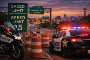 Police speed trap monitoring traffic on Texas highway related to Austin speeding ticket dismissal