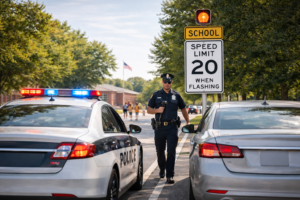 Police officer pulling over a speeding driver during a traffic stop related to Austin speeding ticket dismissal
