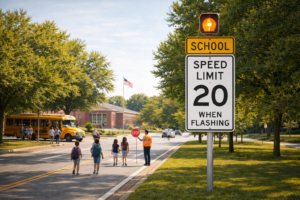 School zone with children crossing the street and crossing guard helping traffic, related to Austin speeding ticket dismissal