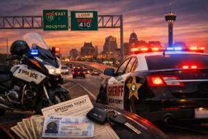 Police traffic stop on Texas highway representing Austin speeding ticket dismissal process