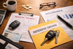 Traffic ticket paperwork, driver license, car keys, and insurance documents on a desk related to Austin speeding ticket dismissal
