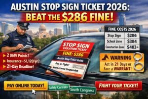 Austin Stop Sign Ticket 2026 guide showing fine costs from $286 to $483 with a 21-day deadline warning.