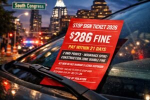 Austin stop sign ticket on a windshield showing a $286 fine and South Congress background.
