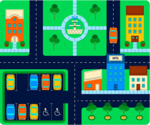 Colorful vector illustration of a city map featuring a hotel, park fountain, and a designated parking lot with multiple cars.
