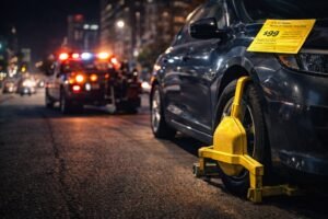 A dark gray car parked on a city street at night with a yellow wheel boot lock attached to the front tire and a parking violation notice on the windshield.