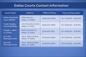 Dallas Courts contact information table including addresses and phone numbers for Dallas Municipal Court and Frank Crowley Courts Building.