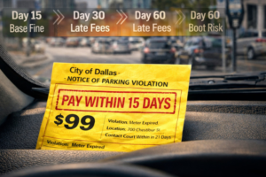 Yellow City of Dallas parking violation notice for $99 on a car dashboard.