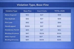 Table showing 2026 Dallas parking violation fines including $99 for expired meters and $517 for handicapped parking.