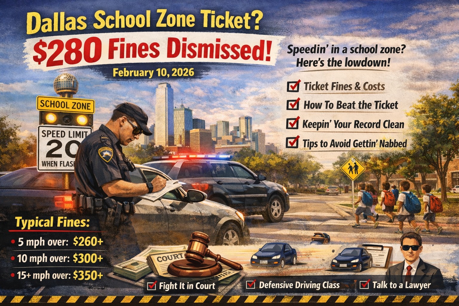 Dallas School Zone Ticket dismissal guide 2026 showing $280 fine schedule and defensive driving options.
