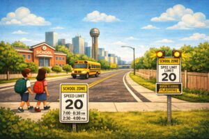 Illustration of a Dallas school zone with 20 mph speed limit signs and a school bus, explaining the process for school zone ticket dismissal in Texas.