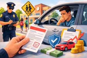 Driver receiving a school zone traffic ticket from police near a school crosswalk illustrating Dallas school zone ticket dismissal and insurance consequences