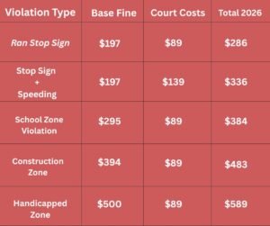 A driver caught at an Austin stop sign ticket violation looking at a $286 fine notice with a guide to beating the ticket and skipping license points.
