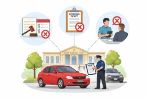 Illustration of a police officer issuing a speeding ticket to a driver outside a municipal court, showing common mistakes when dismissing a Houston speeding ticket.