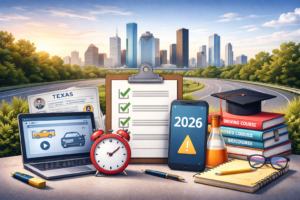 Online defensive driving course setup with laptop, checklist, and study materials representing requirements to dismiss a Houston speeding ticket.