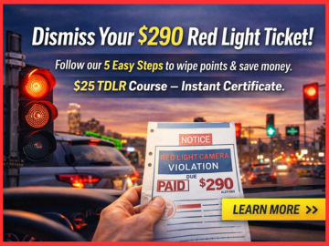 A San Antonio red light camera ticket next to a Texas Type 3A certified driving record and a judge's gavel, showing the documents needed for ticket dismissal.