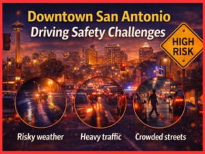 Downtown San Antonio driving safety challenges including risky weather and pedestrian safety downtown.