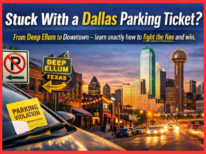 A yellow parking violation notice on a car windshield in front of the Dallas skyline, showing how to fight a Dallas parking ticket fine 2026 from Deep Ellum to Downtown.