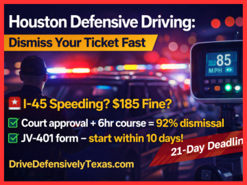 Houston defensive driving guide for I-45 speeding ticket dismissal with $185 fine and JV-401 form details.