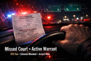 City of Houston uniform traffic citation for a missed court date with "Missed Court = Active Warrant" warning and $75 fee.
