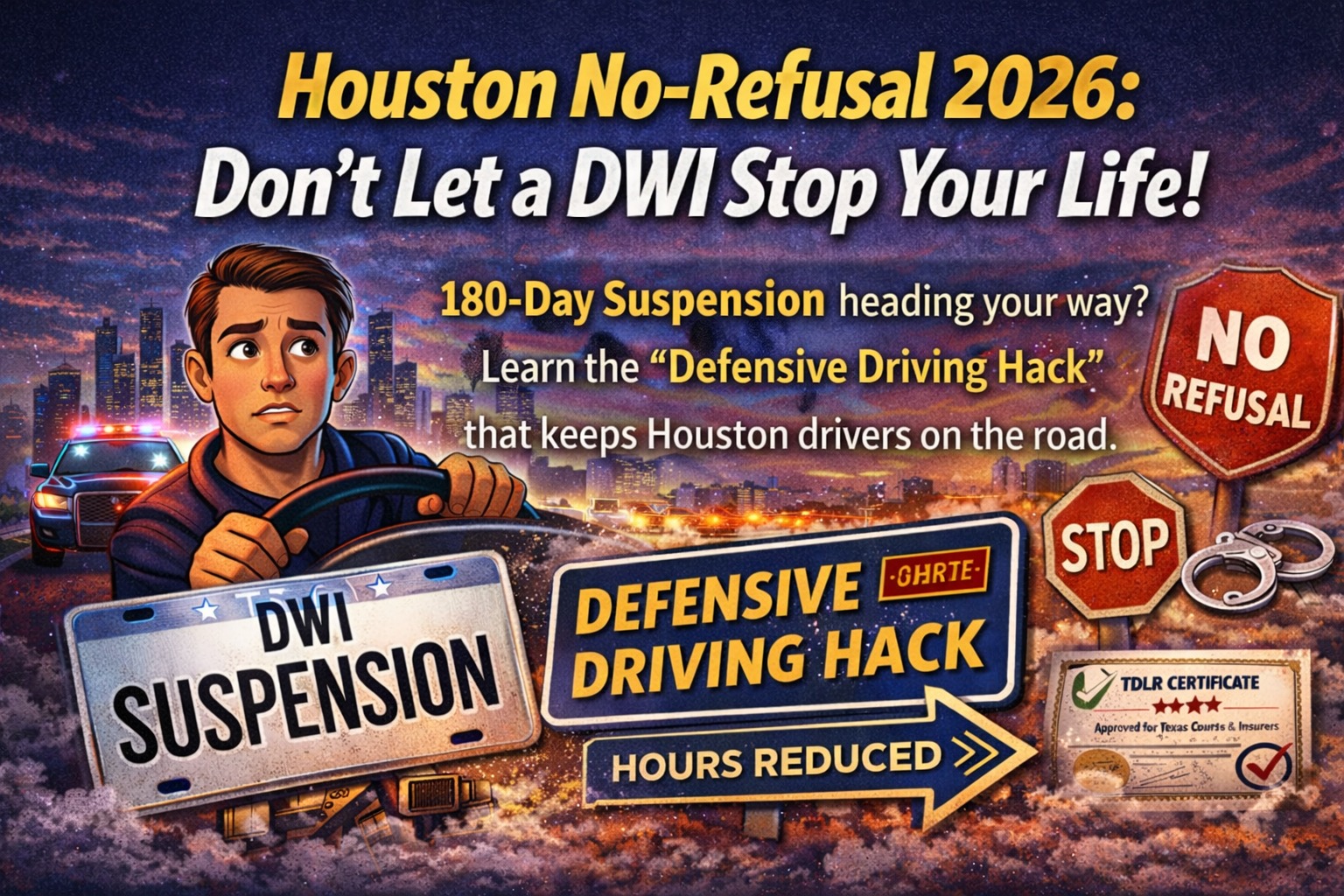 Houston No-Refusal DWI Warrants guide banner showing HPD checkpoints and blood warrant process.