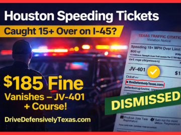Houston speeding ticket dismissal guide for I-45 violations featuring $185 fine removal with defensive driving course.