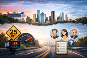 Driver checking eligibility rules to dismiss a Houston speeding ticket on a highway with speed sign and city skyline.